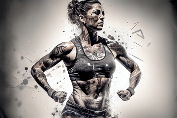 Naklejka premium double exposure photo realistic illustration of well trained crossfit athletic woman with a ripped muscular feminine female body, generative ai