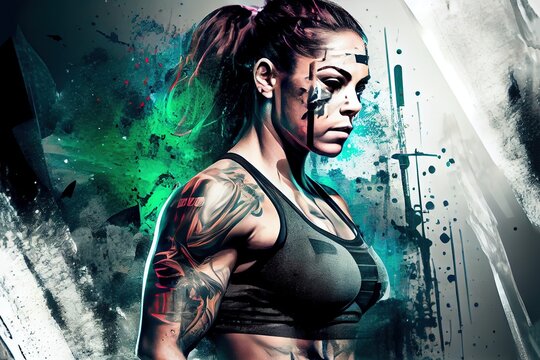 double exposure photo realistic illustration of well trained crossfit athletic woman with a ripped muscular feminine female body, generative ai