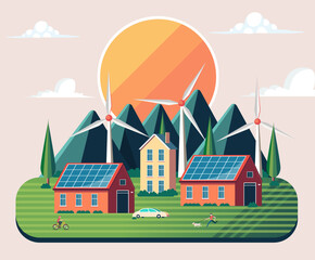 Naklejka premium solar panels and wind turbines using green energy. artwork in a flat design. self-sustainable farm landscape using green energy. sustainability. sustainable technologies