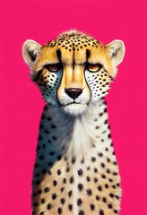 Funny adorable portrait headshot of cute Cheetah. African land animal standing facing front. Looking to camera. Watercolor imitation illustration. AI generated vertical artistic poster.