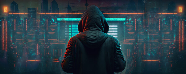 A hacker about to hack Log4J cybersecurity secrets and try to encrypt them. malware concept hooded hacker on metaverse digital world technology server room background Generative AI technology