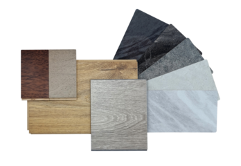 multi type of interior finishing material samples including wooden vinyl and engineered flooring tiles, various texture of marble and stone laminates isolated on background with clipping path.