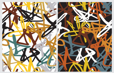 Abstract Doodle Seamless Vector Patterns. Brown, Yellow and Orange Irregular Hand Drawn Scribbles on a White and Black Backround. Messy Abstract Print ideal for Fabric, Textile, Wrapping Paper.