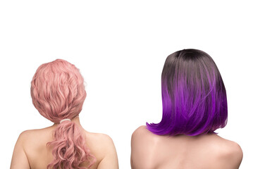 Woman backside, beautiful woman with purple hair isolated on a white.