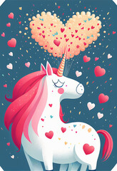 Obraz premium Happy unicorn in pink hearts. Valentine's Day. AI generated