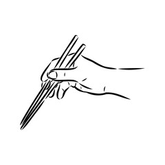 Japanese chopsticks. Hand with Chinese Sticks. Bamboo Chopsticks. Asian cuisine. Vector flat outline icon illustration isolated on white background.