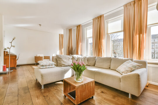 Spacious and bright living room with large windows and beautiful sofas