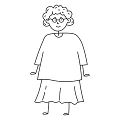Doodle cartoon graphic illustration of cute granny. Line sketch of grandma in glasses