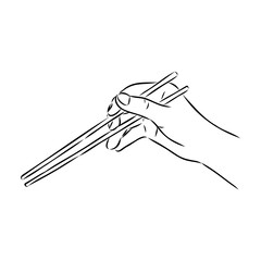 Japanese chopsticks. Hand with Chinese Sticks. Bamboo Chopsticks. Asian cuisine. Vector flat outline icon illustration isolated on white background.