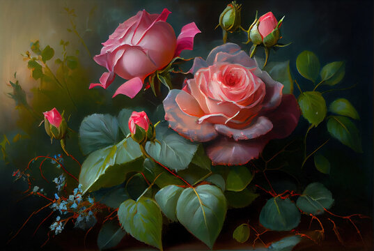 Generative AI: Fine art image of beautiful pastel roses in garden