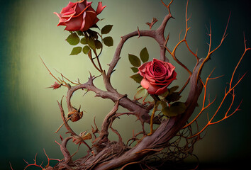 Generative AI: design of roses with twisted branches and thorns in dark background
