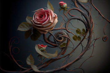 Generative AI: design of roses with twisted branches and thorns in dark background - obrazy, fototapety, plakaty