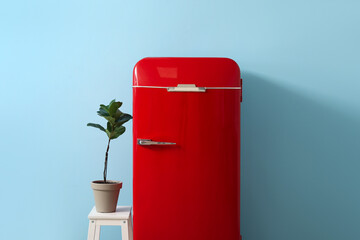 Stylish retro fridge and stepladder with houseplant near blue wall