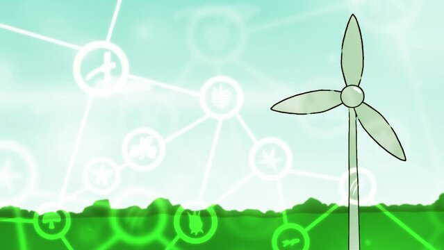Animation of Wind Turbine with Network of Bio Diversity Icons and Green Overlay