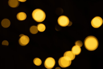 Abstract background of blurred yellow lights for design. Lights bokeh dis focus. Christmas background, copy space