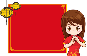 Beautiful chinese woman in traditional gown with signboard presents