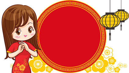 Beautiful chinese woman in traditional gown with signboard presents