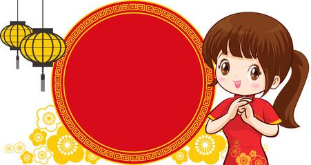 Beautiful chinese woman in traditional gown with signboard presents