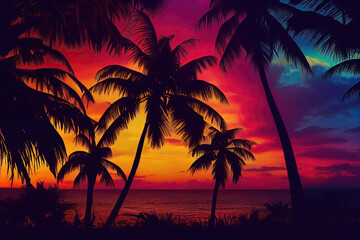 Naklejka na ściany i meble Illustration of a tropical vibrant sunset on the exotic beach. Idyllic getaway with silhouettes of palm trees over the bright colorful sunset 