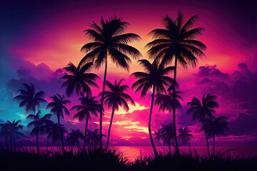 Fototapeta na wymiar Illustration of a tropical vibrant sunset on the exotic beach. Idyllic getaway with silhouettes of palm trees over the bright colorful sunset 