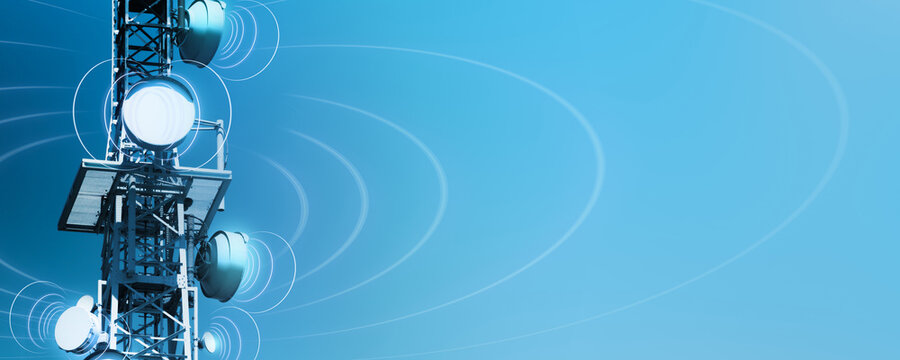antenna tower as phone base station with radio waves on blue background, illustration concept with copy space for wireless communication for tv, internet and mobile communication