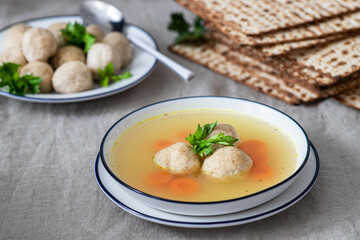 Delicious Matzo ball soup, Jewish traditional cuisine