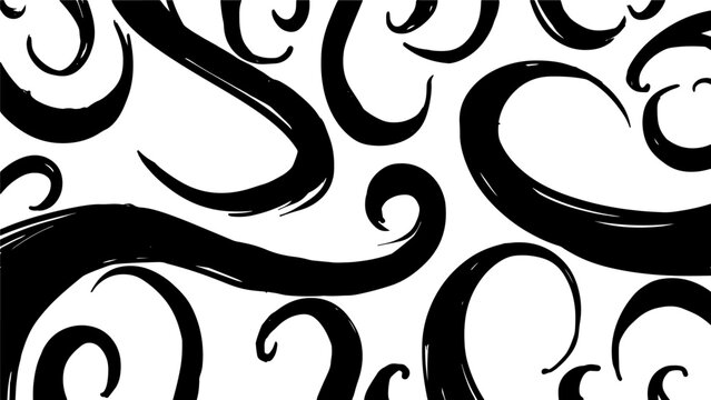 Doodle black tentacles on a white background. Texture of weaving with weaving plant or monster tentacles. Vector stock image.