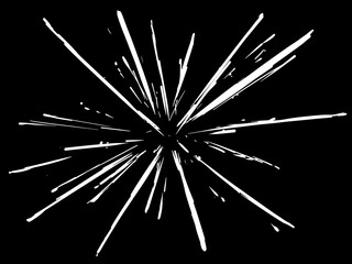 Sketch with white sparks on a black background. Cartoon effect of pyrotechnics explosion. Vector image with white energy strokes. 