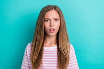 Fototapeta premium Portrait of impressed speechless person open mouth stare questioned isolated on teal color background