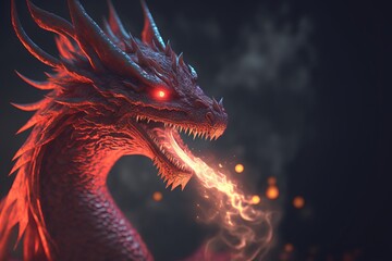 Naklejka premium Red dragon breathing fire in the dark