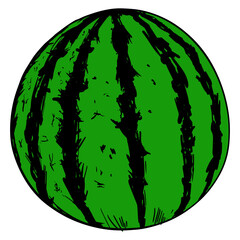 Cartoon green watermelon with black texture on a white isolated background. Stock vector berry.