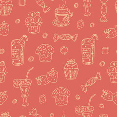 Vector Seamless Pattern of Doodles Desserts: Cakes, beverages and candy