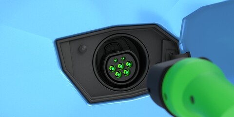 Electric car charger plugin closeup 3d rendering illustration. Conceptual Green energy and hybrid vehicle charging supply.