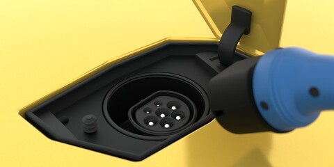 Electric car charger plugin closeup 3d rendering illustration. Conceptual Green energy and hybrid vehicle charging supply.