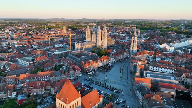 Aerial view of the Notre-Dame de Tournai view with towers , Cathedral of Our Lady, Tournai, Walloon municipality. Belgium