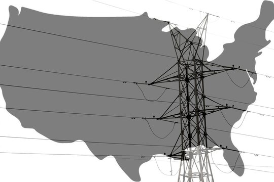 High voltage post or High voltage tower with map of United States of America. Energy concept.