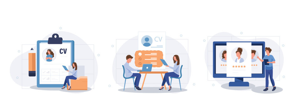 Employee Evaluation, Assessment Form And Report, Performance Review Concept Collection Of Scenes. Employer Meeting Job Applicant At Pre-employment Assessment. Flat Vector Modern Illustration