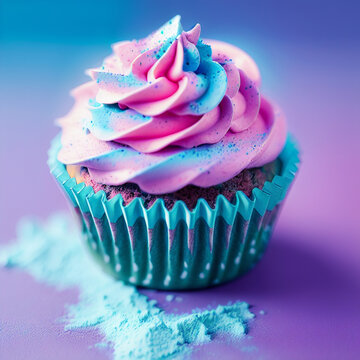 Photo of a Cupcake with frosting and powder, Generative AI