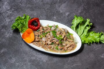 Beef Mushroom Ginger served in dish isolated on grey background top view of indian and bangladesh food