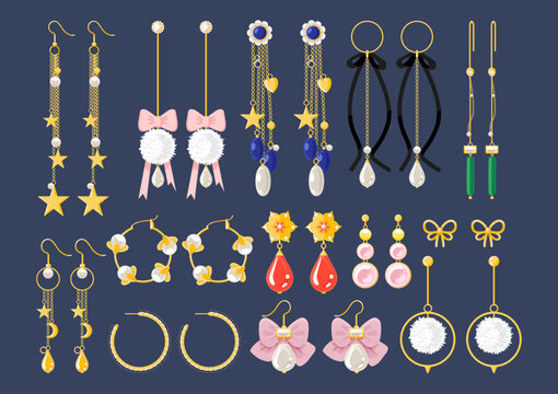 Gold earrings jewelry vector set. Gold diamond pearl gemstones pendant with bow accessories vector illustration. Stud hoop drop dangle earrings