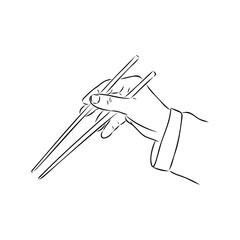 Japanese chopsticks. Hand with Chinese Sticks. Bamboo Chopsticks. Asian cuisine. Vector flat outline icon illustration isolated on white background.