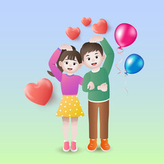 valentines day celebration card, heart shape balloons, with gift boxes, couple in love and pretty rabbit