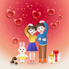 valentines day celebration card, heart shape balloons, with gift boxes, couple in love and pretty rabbit