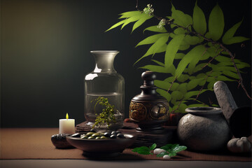 Spa still life - zen concept in nature, front view. Generative AI