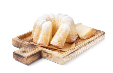 Wooden board with delicious cake on white background