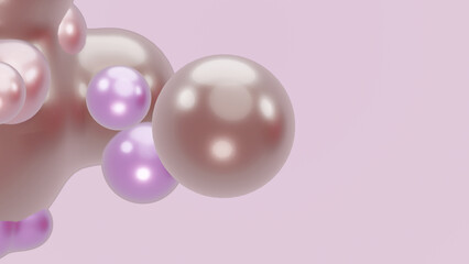 3D render animation motion design presentation wallpaper metaverse. White abstract metasphere liquid shape moving deformation transition to meta balls bubbles drops pearls molecules on pink background