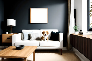 mock-up living room, modern living room, empty poster / picture frame with cute dog