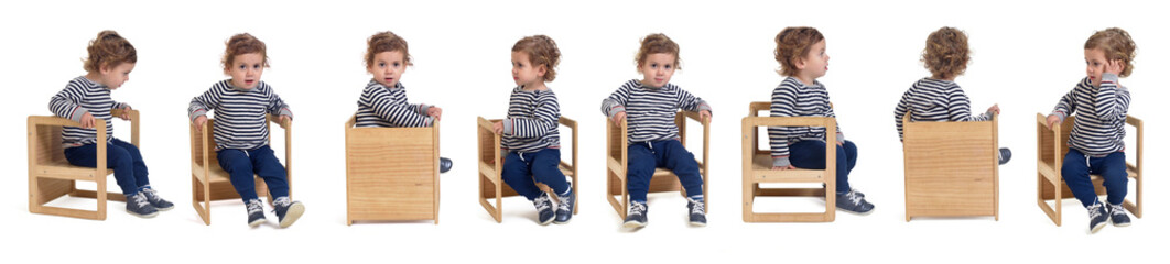 large group of a line of various poses of a same baby boy sitting on chair  on white background