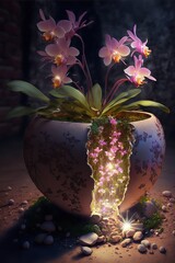 Magical pot with rose orchid flowers in fairyland garden. Fantasy interior scene. Generative ai.