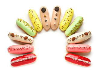 Various glazed eclairs isolated on white background